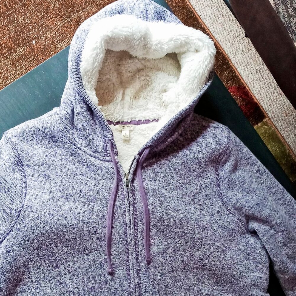 Sonoma Lavender Heathered Cozy Faux Sherpa Lined Zip Pockets Hoodie Woman's L - Picture 10 of 16